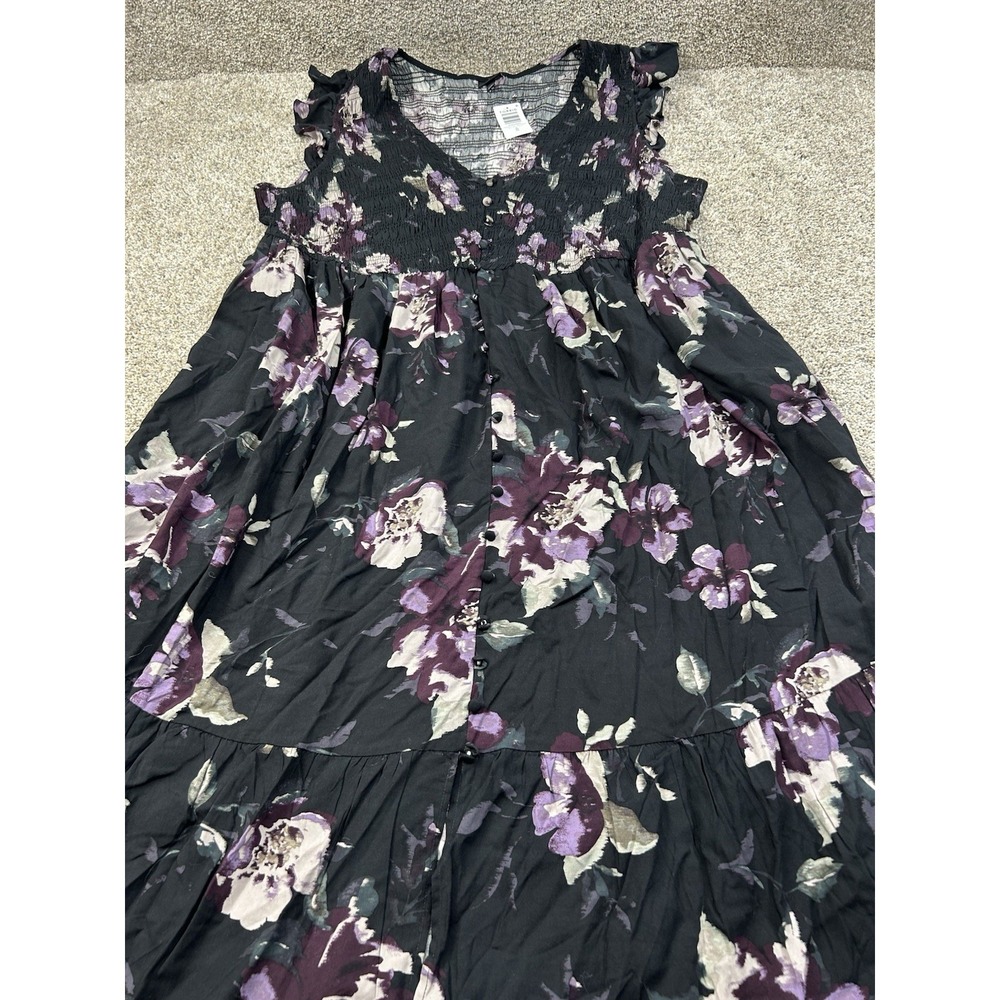 torrid Black Floral Smocked Midi Dress with Purple & Cream Blooms